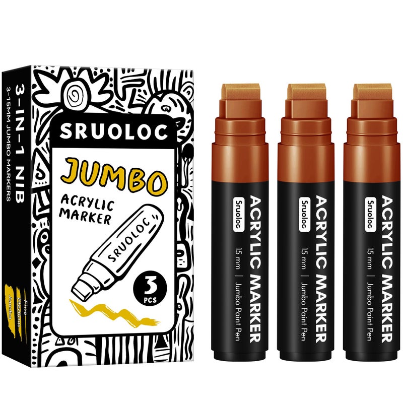 SRUOLOC 3 Jumbo Permanent Markers Coffee Colors, 15mm Thick Wide Tip, Large Acrylic Paint Markers for Rock Painting, Poster, Graffiti, Stone, Ceramic, Glass, Wood, Canvas - Image 1